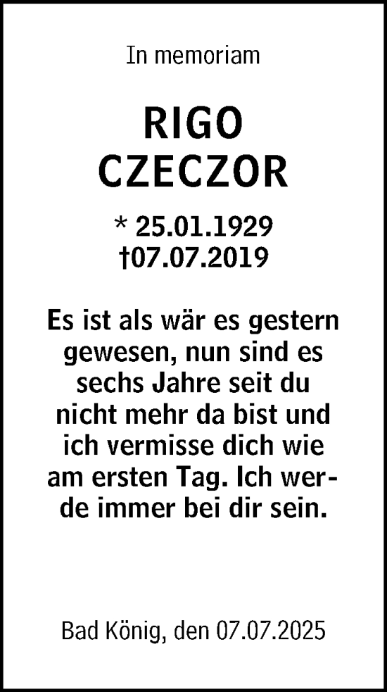 Traueranzeige von Rigo Czeczor von Odenwälder Echo