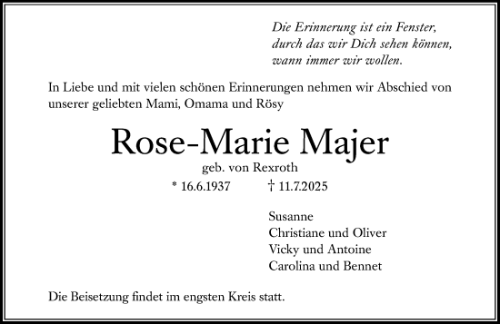 Traueranzeige von Rose-Marie Majer von Wiesbadener Kurier
