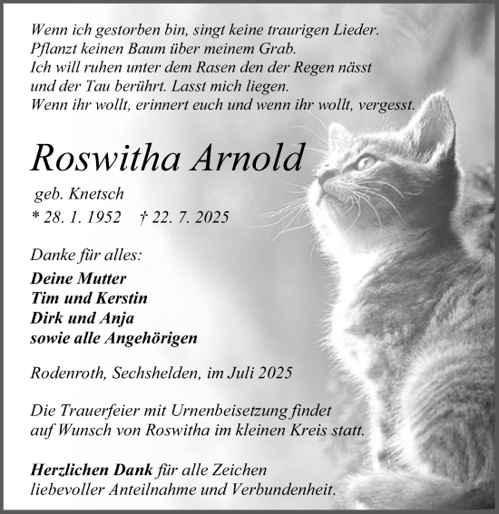 Traueranzeige von Roswitha Arnold von Dill Block