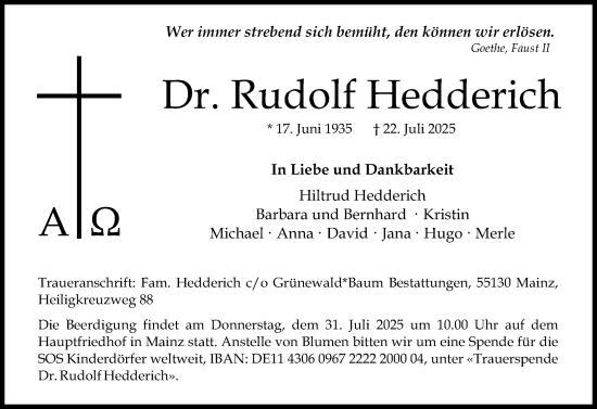 Traueranzeige von Rudolf Hedderich von Allgemeine Zeitung Mainz
