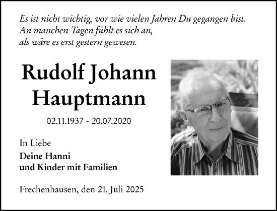 Traueranzeige von Rudolf Johann Hauptmann von Hinterländer Anzeiger