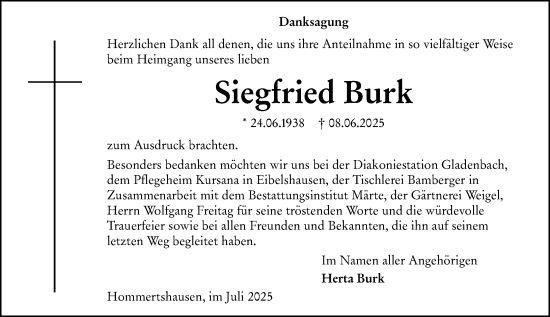 Traueranzeige von Siegfried Burk von Hinterländer Anzeiger