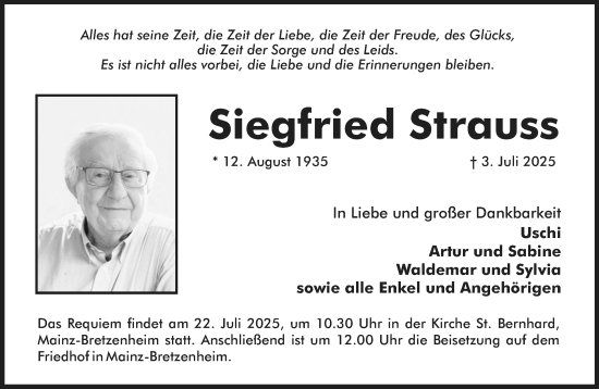 Traueranzeige von Siegfried Strauss von Allgemeine Zeitung Mainz