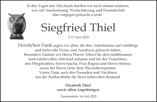 Traueranzeige von Siegfried Thiel von Wiesbadener Kurier