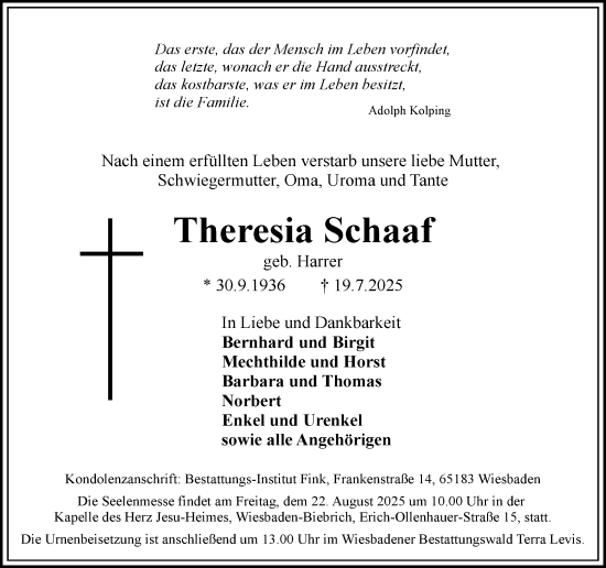 Traueranzeige von Theresia Schaaf von Wiesbadener Kurier