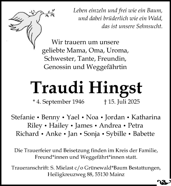 Traueranzeige von Traudi Hingst von Allgemeine Zeitung Mainz