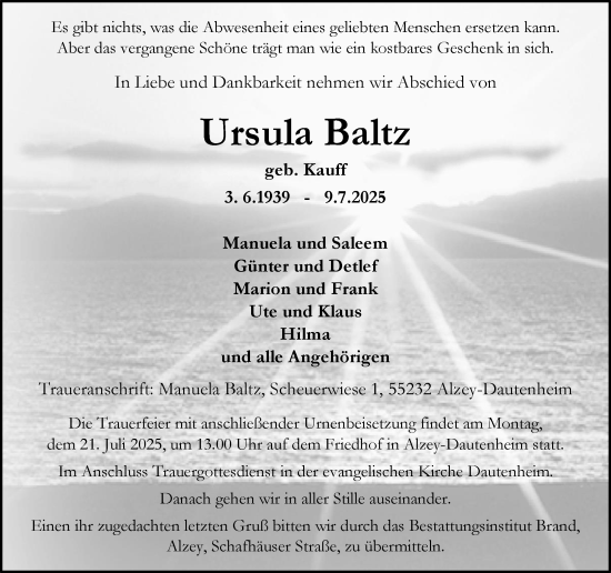 Traueranzeige von Ursula Baltz von Allgemeine Zeitung Alzey