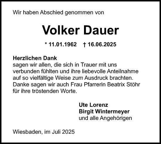 Traueranzeige von Volker Dauer von Wiesbadener Kurier