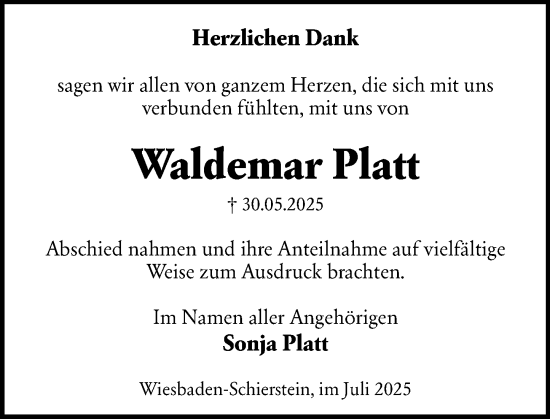 Traueranzeige von Waldemar Platt von Wiesbadener Kurier