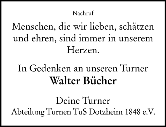 Traueranzeige von Walter Bücher von Wiesbadener Kurier