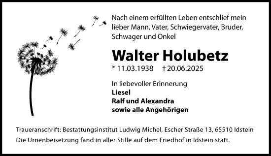 Traueranzeige von Walter Holubetz von Idsteiner Land/Untertaunus