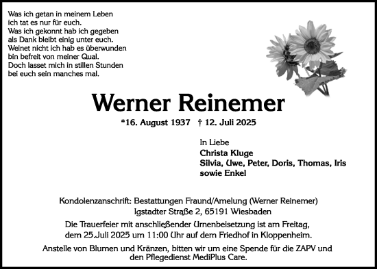 Traueranzeige von Werner Reinemer von Wiesbadener Kurier
