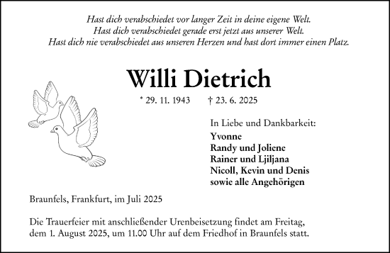 Traueranzeige von Willi Dietrich von Wetzlarer Neue Zeitung