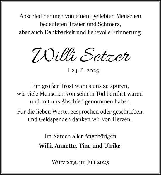 Traueranzeige von Willi Setzer von Odenwälder Echo
