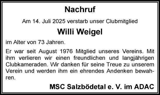 Traueranzeige von Willi Weigel von Hinterländer Anzeiger