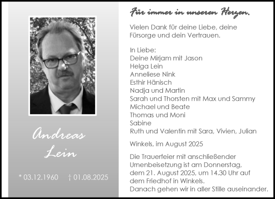 Traueranzeige von Andreas Lein von Weilburger Tageblatt