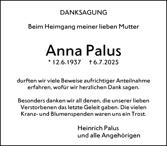 Traueranzeige von Anna Palus von Hochheimer Zeitung