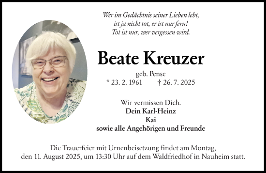 Traueranzeige von Beate Kreuzer von Rüsselsheimer Echo