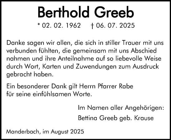 Traueranzeige von Berthold Greeb von Dill Block