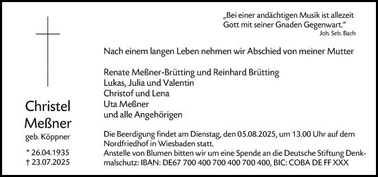 Traueranzeige von Christel Meßner von Wiesbadener Kurier
