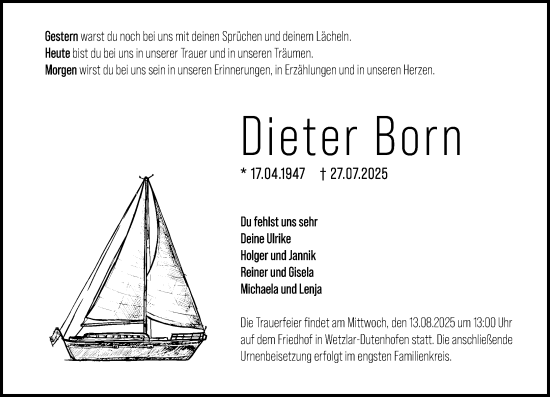 Traueranzeige von Dieter Born von Wetzlarer Neue Zeitung