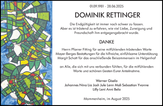 Traueranzeige von Dominik Rettinger von Allgemeine Zeitung Mainz