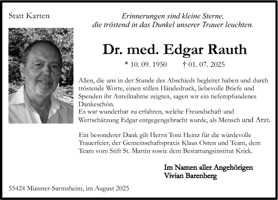 Traueranzeige von Edgar Rauth von Allgemeine Zeitung Rheinhessen-Nahe
