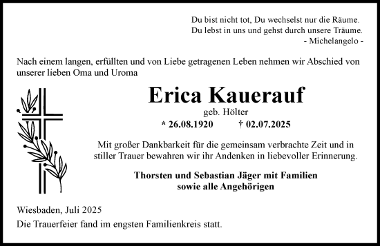Traueranzeige von Erica Kauerauf von Wiesbadener Kurier