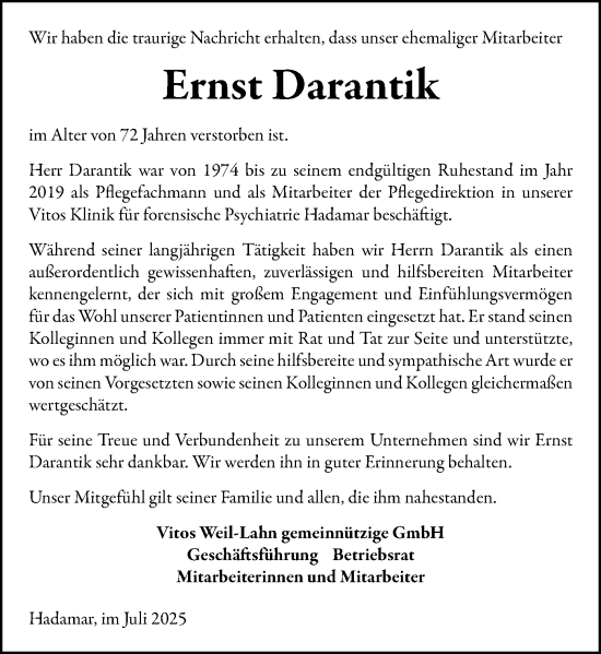 Traueranzeige von Ernst Darantik von Weilburger Tageblatt