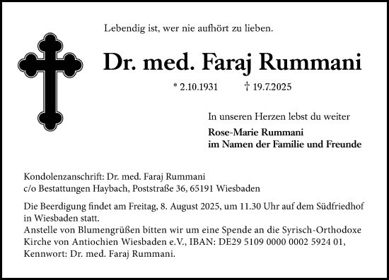 Traueranzeige von Faraj Rummani von Wiesbadener Kurier