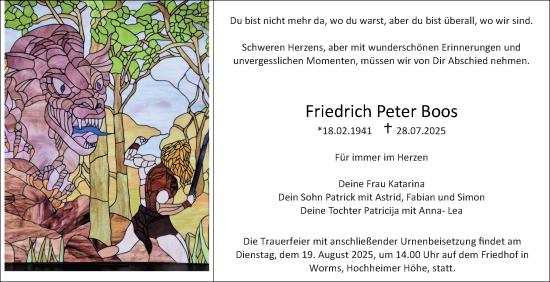 Traueranzeige von Friedrich Peter Boos von Wormser Zeitung