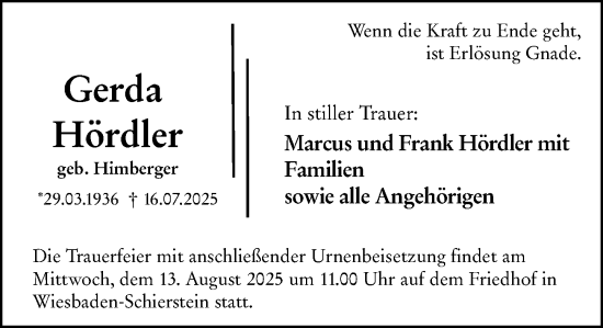 Traueranzeige von Gerda Hördler von Wiesbadener Kurier