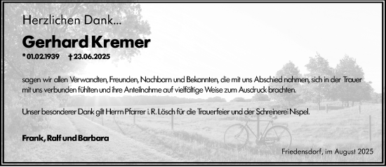 Traueranzeige von Gerhard Kremer von Hinterländer Anzeiger