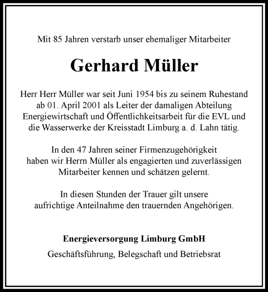 Traueranzeige von Gerhard Müller von Nassauische Neue Presse