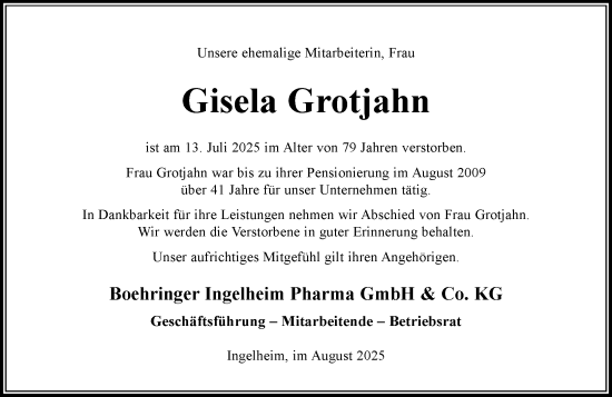 Traueranzeige von Gisela Grotjahn von Allgemeine Zeitung Rheinhessen-Nahe