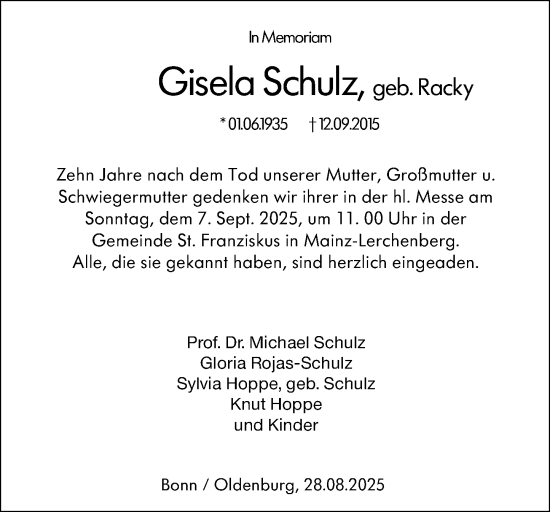 Traueranzeige von Gisela Schulz von Allgemeine Zeitung Mainz