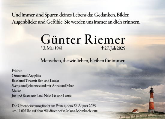 Traueranzeige von Günter Riemer von Allgemeine Zeitung Mainz
