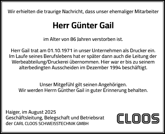 Traueranzeige von Günter H. Gail von Dill Block