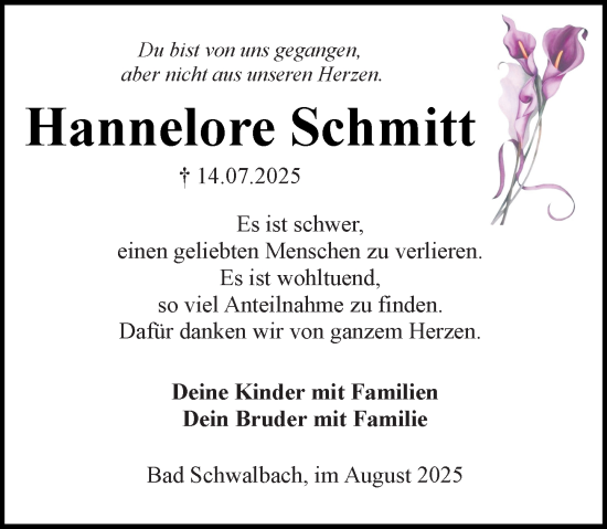 Traueranzeige von Hannelore Schmitt von Wiesbadener Kurier