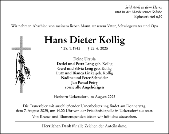 Traueranzeige von Hans Dieter Kollig von Dill Block