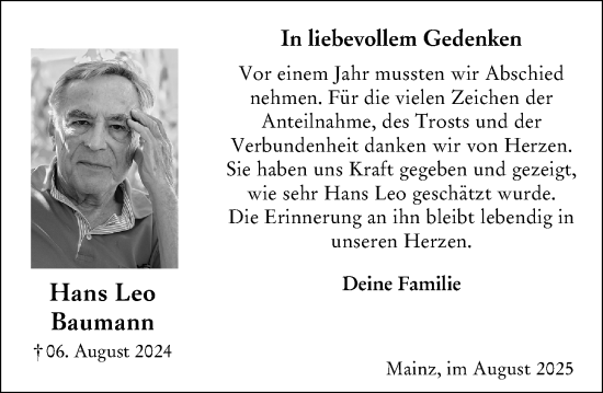 Traueranzeige von Hans Leo Baumann von Allgemeine Zeitung Mainz