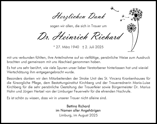 Traueranzeige von Heinrich Richard von Nassauische Neue Presse