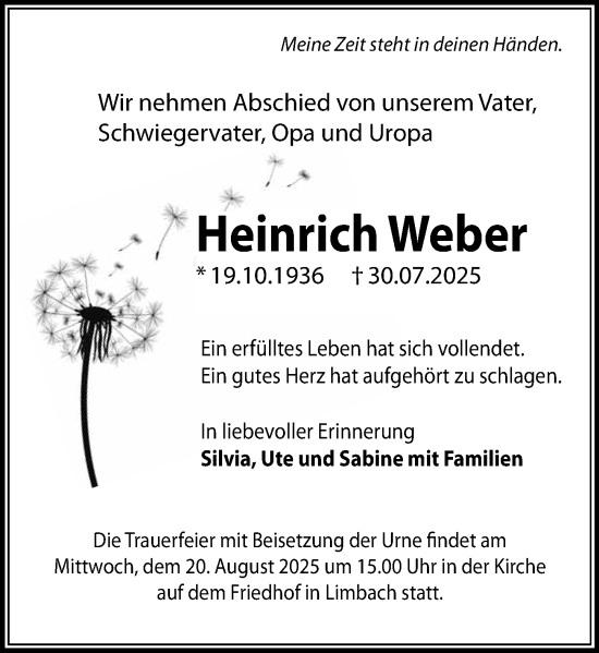 Traueranzeige von Heinrich Weber von Wiesbadener Kurier