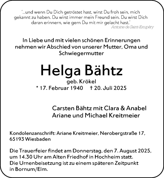 Traueranzeige von Helga Bähtz von Hochheimer Zeitung