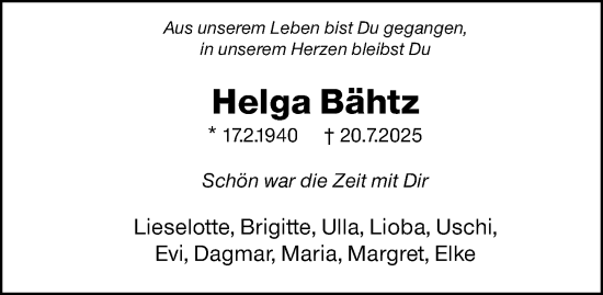 Traueranzeige von Helga Bähtz von Hochheimer Zeitung