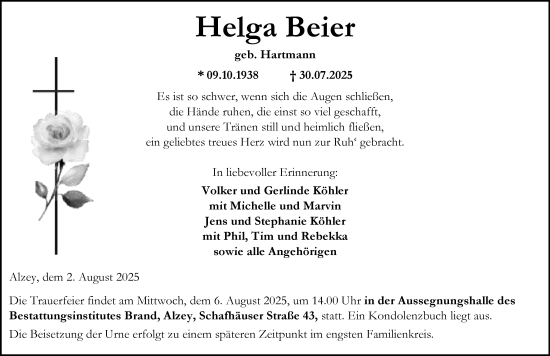 Traueranzeige von Helga Beier von Allgemeine Zeitung Alzey