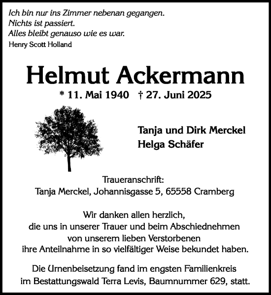 Traueranzeige von Helmut Ackermann von Wiesbadener Kurier