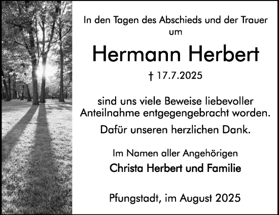 Traueranzeige von Hermann Herbert von Darmstädter Echo