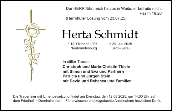 Traueranzeige von Herta Schmidt von Groß-Gerauer Echo