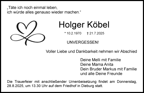 Traueranzeige von Holger Köbel von Dieburger Anzeiger/Groß-Zimmerner Lokal-Anzeiger